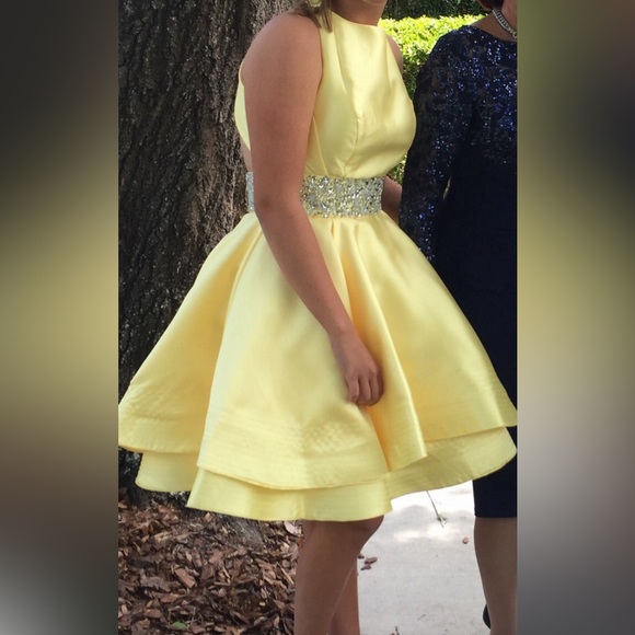 Mac Duggal Yellow Satin Open Back Dress with Beading - Picture 3 of 4